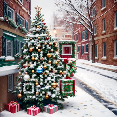 Snowy Street Christmas Tree Painting QR Code for Greeting Cards