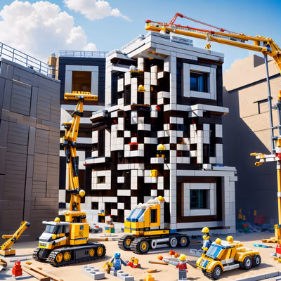 积木建筑工地3D渲染二维码设计,适用于海报 — 图片 1