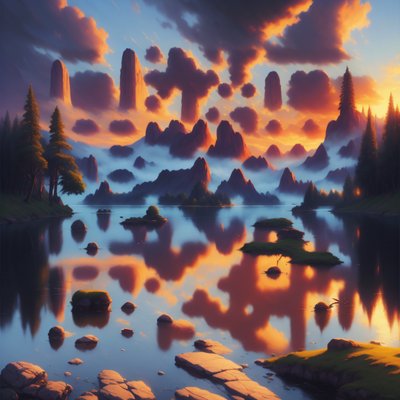 Sunset Lake Mountains Digital Painting QR Code Art