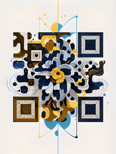 Navy Chrysanthemum Abstract QR Code Art