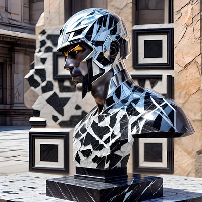 Black Marble Warrior Bust Sculpture QR Code Art