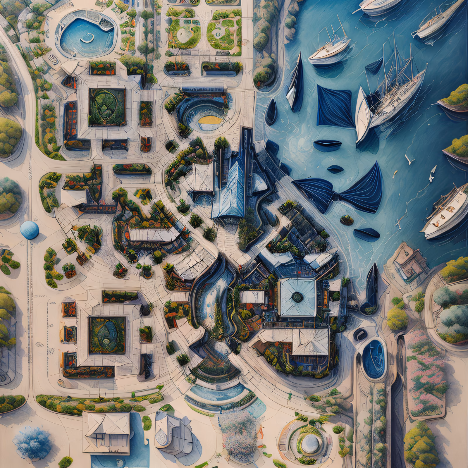 Aerial Harbor City Map Gouache QR Code Art — image 1