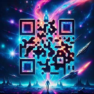 Cosmic Nebula Spaceship Digital Painting QR Code for Posters