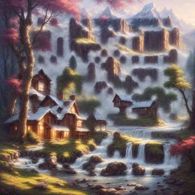 Mountain Lodge Waterfall Matte Painting QR Code Art — image 1