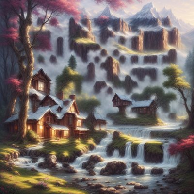 Mountain Lodge Waterfall Matte Painting QR Code Art