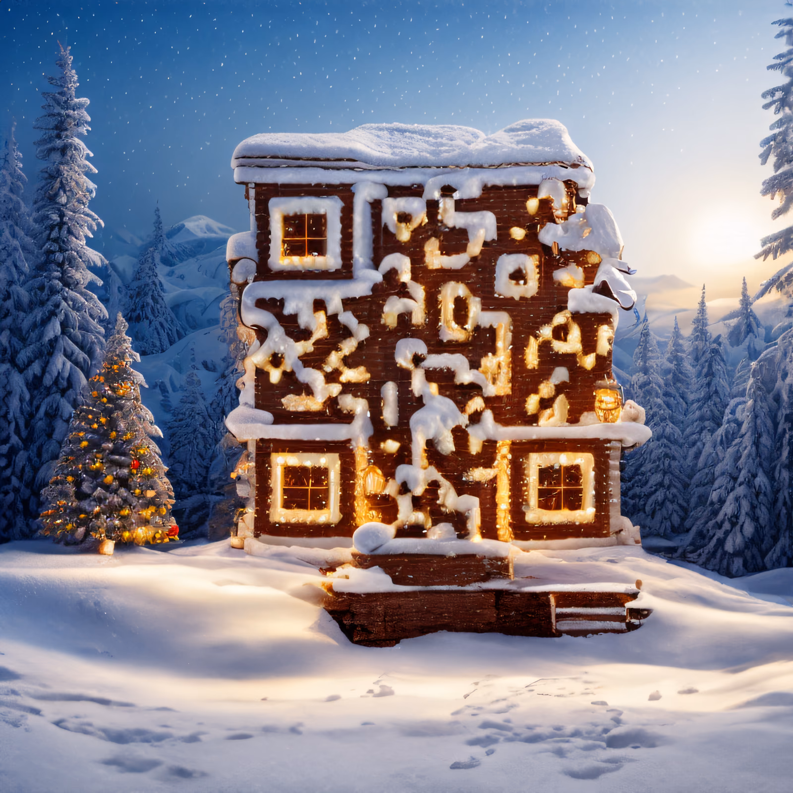 雪中圣诞小屋冬日场景二维码设计,适用于贺卡 — 图片 1