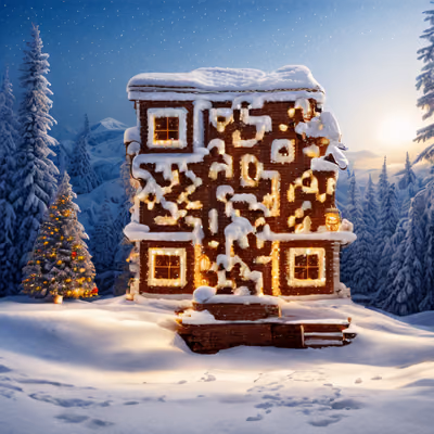 雪中圣诞小屋冬日场景二维码设计,适用于贺卡 — 图片 1
