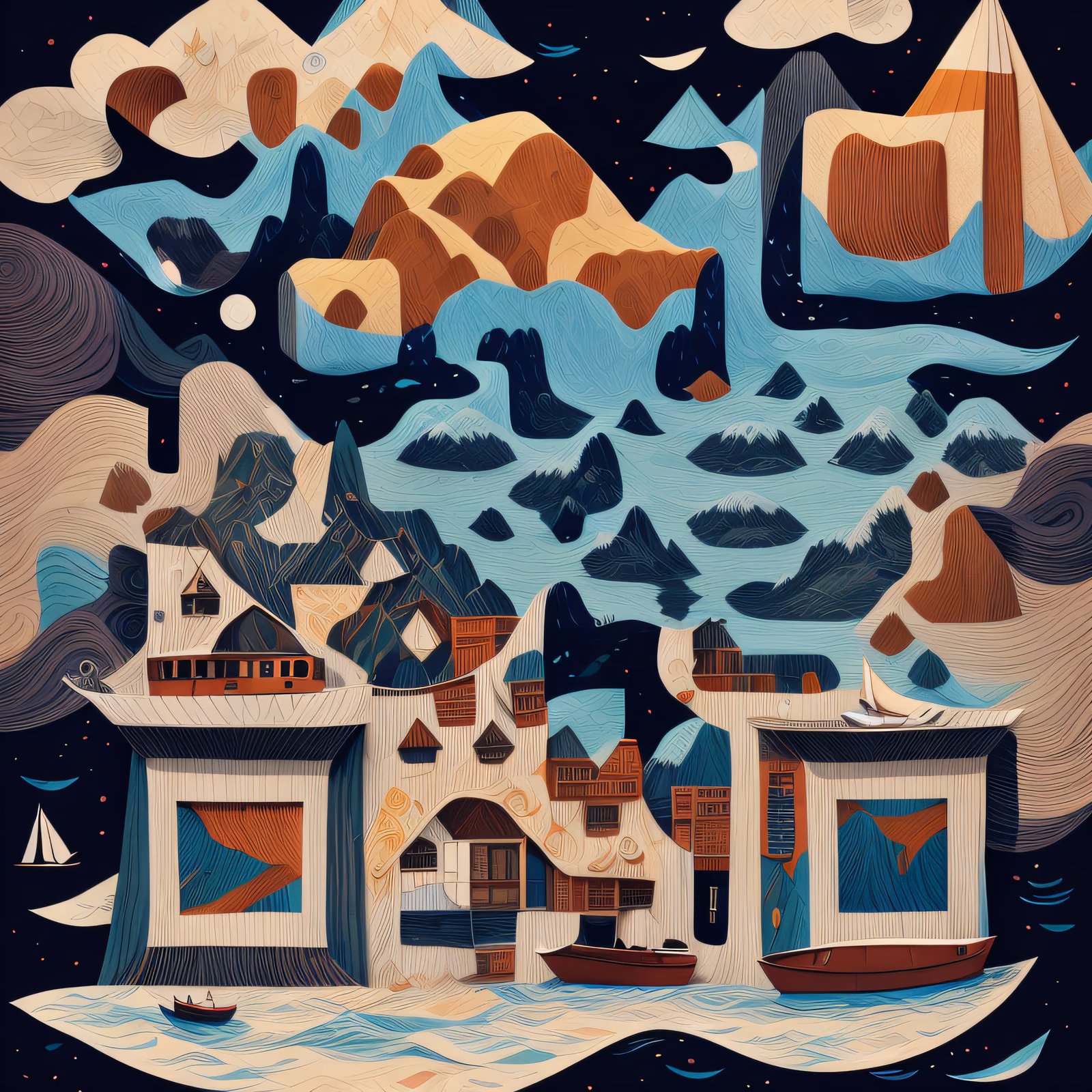 Paper Cut Mountain Boat Scene QR Code Art — image 1