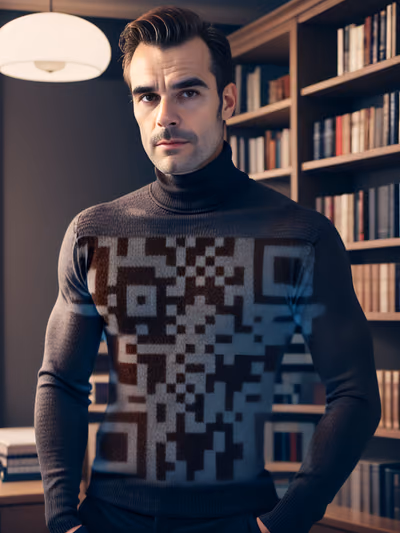 Портрет мужчины в водолазке в библиотеке: QR-код для одежды — изображение 1