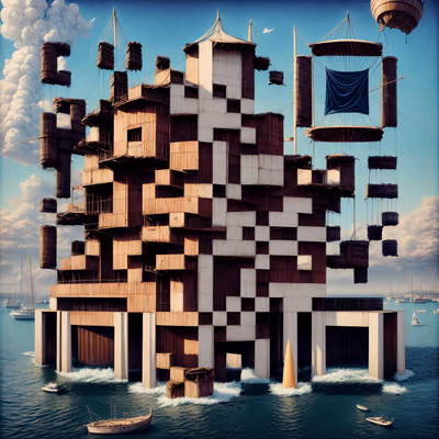 Surreal Wooden Harbor Architecture QR Code Art — image 1