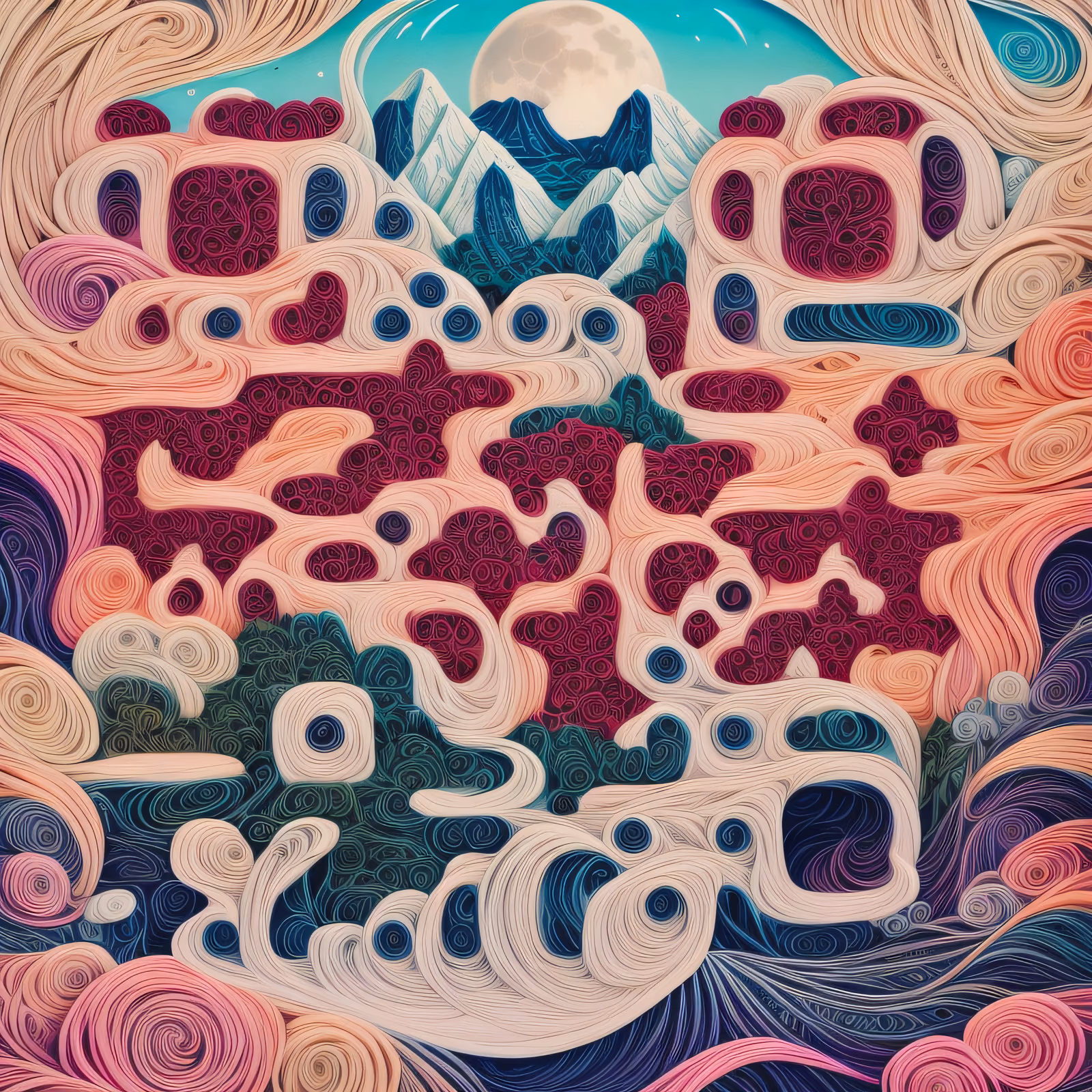 Quilled Mountain Moon Psychedelic QR Code Art — image 1