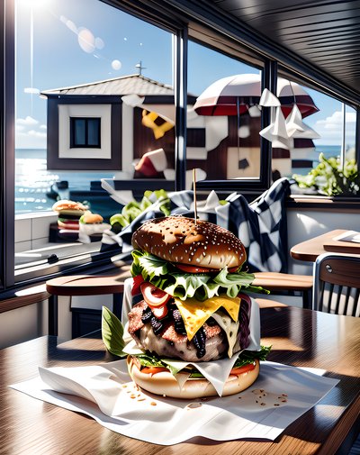 Seaside Hamburger 3D Render QR Code for Restaurant Menus
