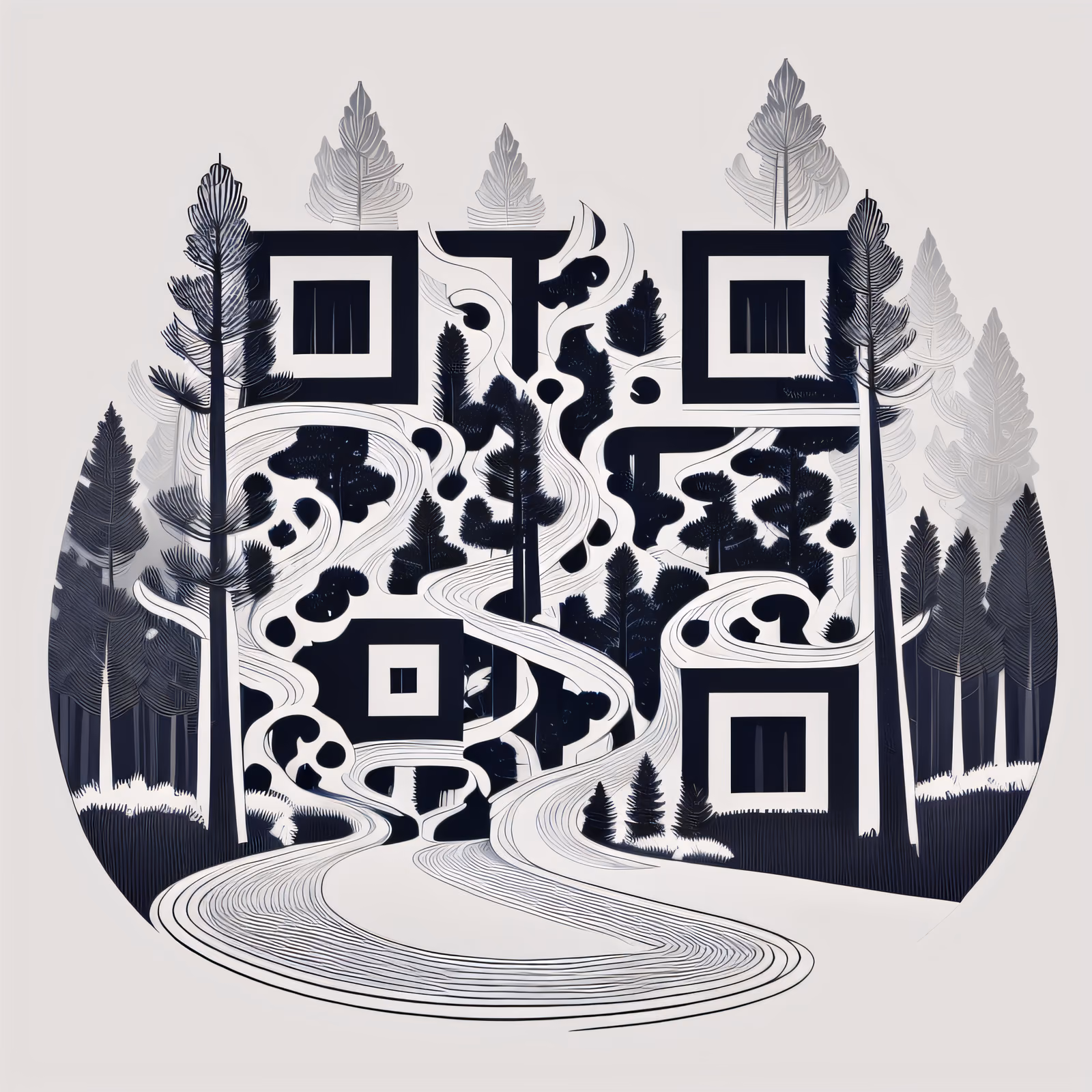 Pine Forest Path Line Art QR Code for Temporary Tattoos — image 1