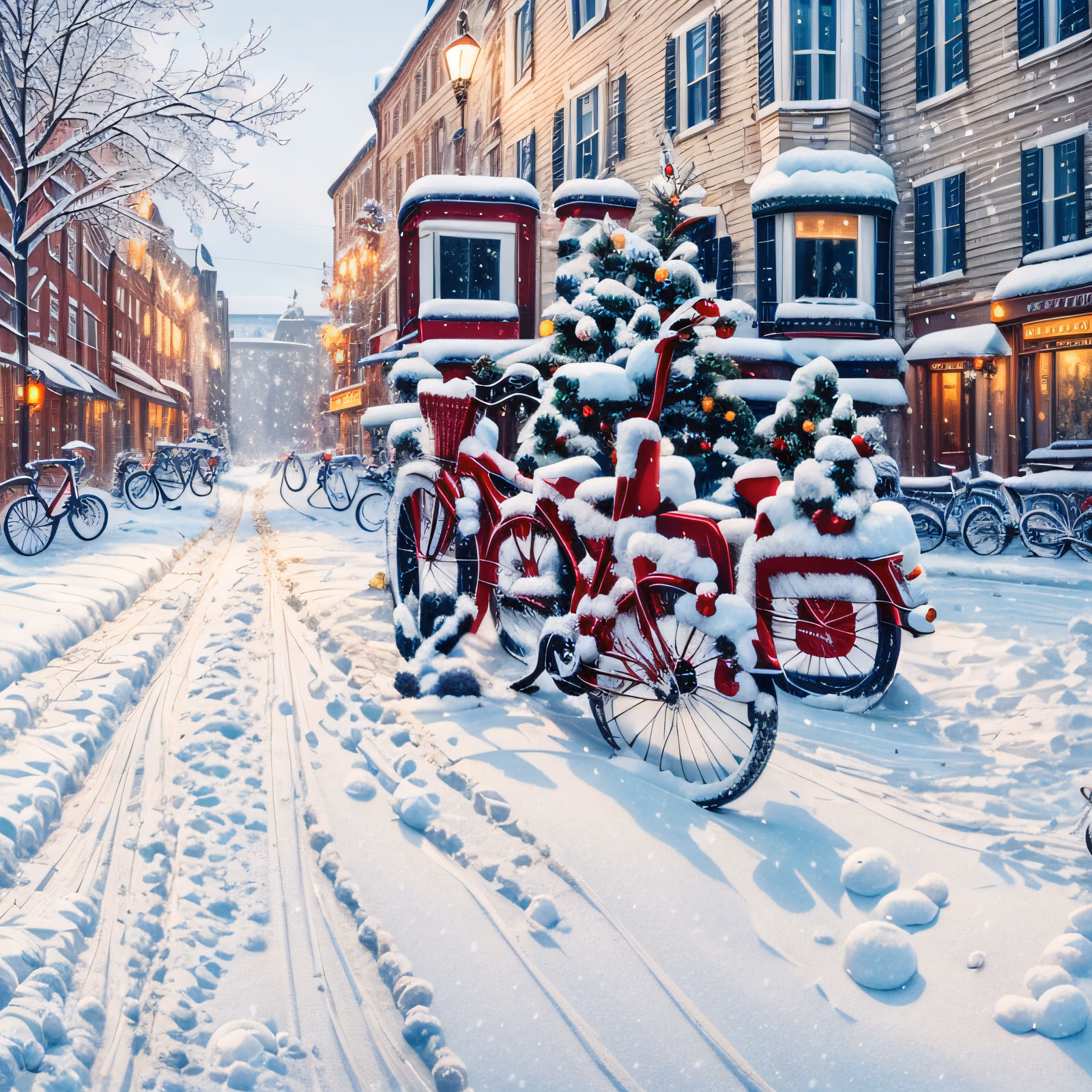 Snowy Christmas Street Bicycles QR Code for Greeting Cards — image 1