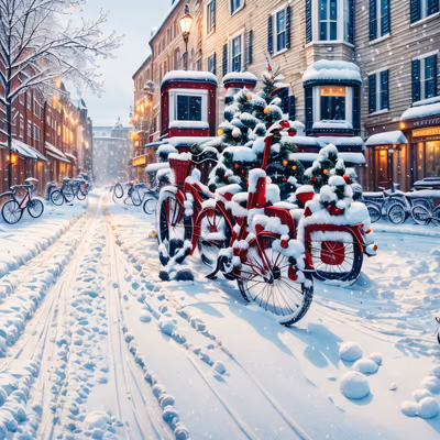 Snowy Christmas Street Bicycles QR Code for Greeting Cards — image 1