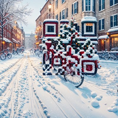 Snowy Christmas Street Bicycles QR Code for Greeting Cards