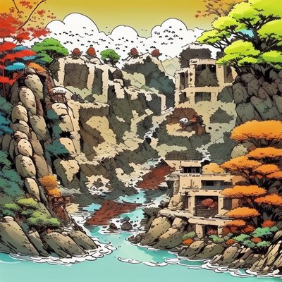 Autumn River Gorge Comic Style QR Code for Posters