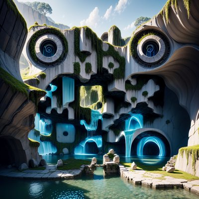 Surreal Stone Waterfall Ruins QR Code Art