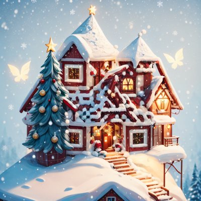Snowy Christmas Cottage 3D Christmas Tree QR Code for Greeting Cards