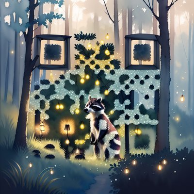 Raccoon in Firefly Forest Watercolor QR Code Art