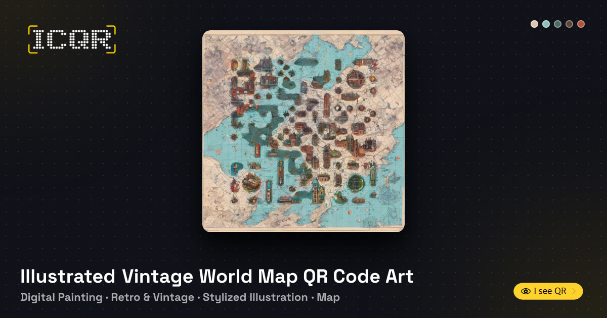 Illustrated Vintage World Map QR Code Art • ICQR