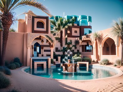 Moroccan Oasis Courtyard Photorealistic QR Code for Posters