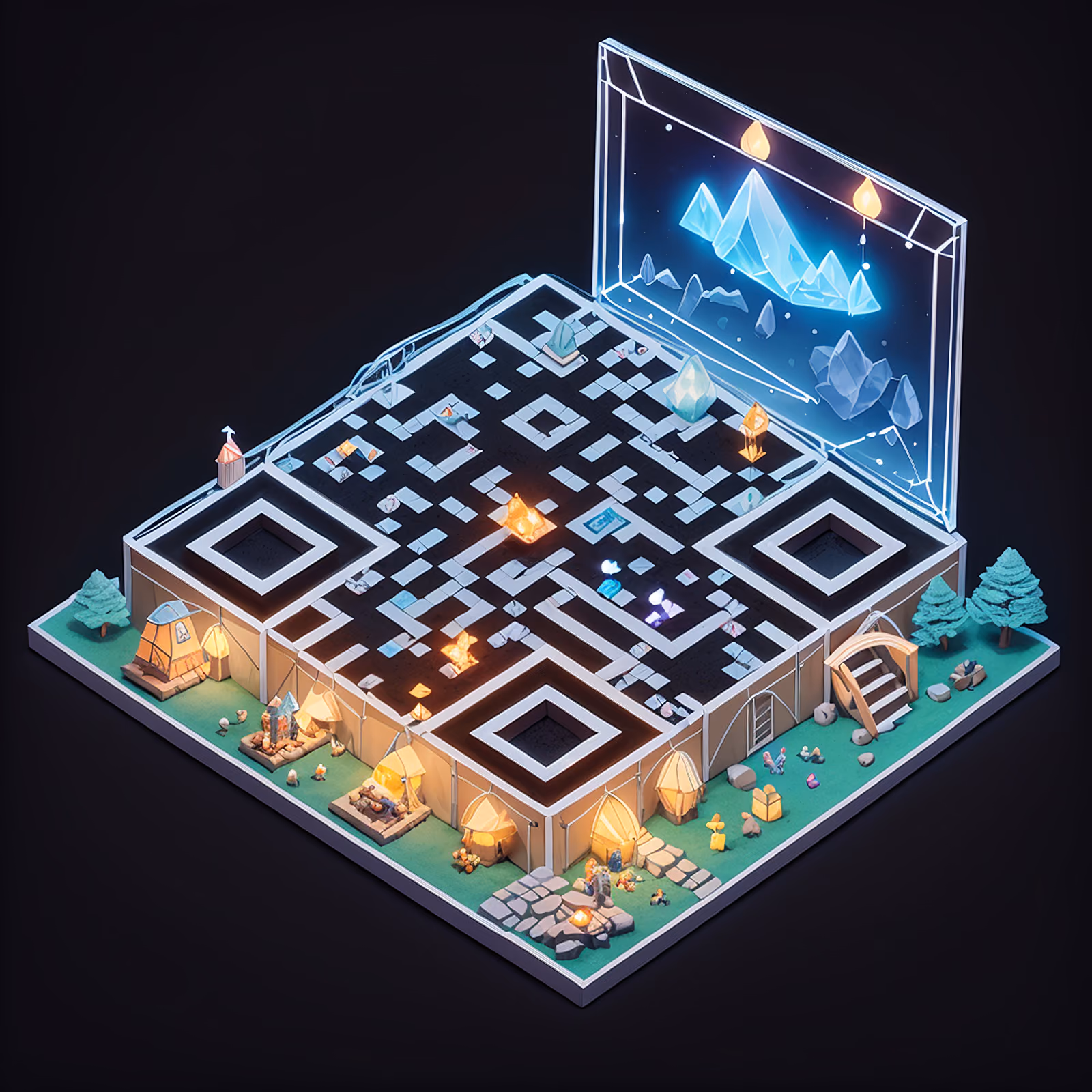 Isometric Crystal Canyon Camp Diorama QR Code for Posters — image 1