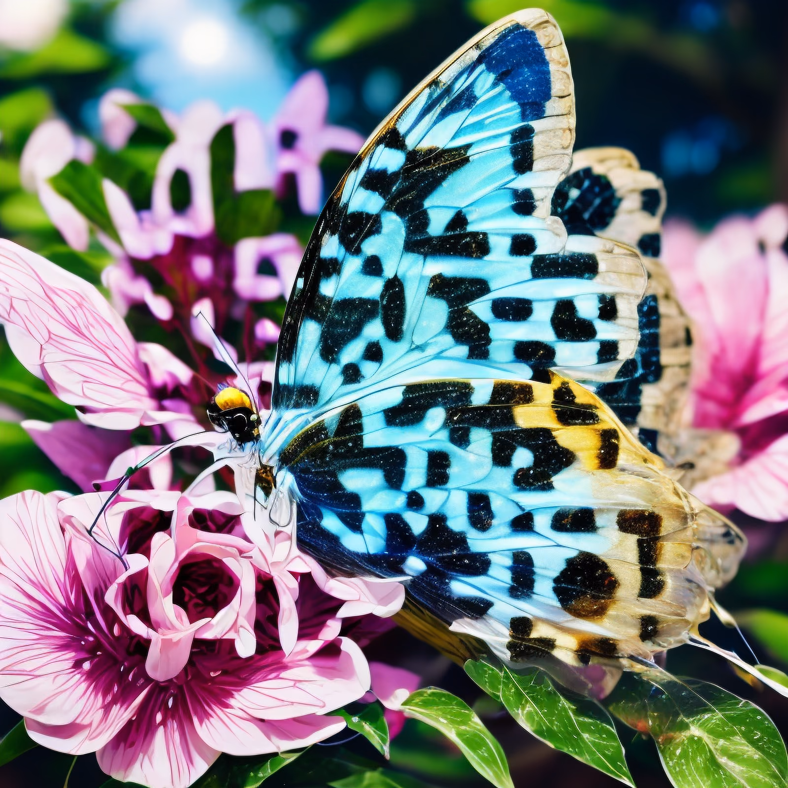 Turquoise Butterfly on Pink Flowers Leaves QR Code Art — image 1