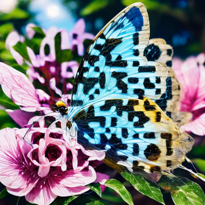 Turquoise Butterfly on Pink Flowers Leaves QR Code Art — image 1