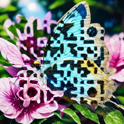Turquoise Butterfly on Pink Flowers Leaves QR Code Art
