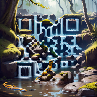 Саламандра у водопада: цифровая живопись, QR-код — изображение 1