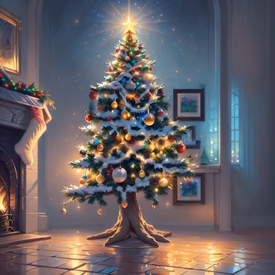 Glowing Christmas Tree Digital Painting Interior QR Code for Greeting Cards — image 1