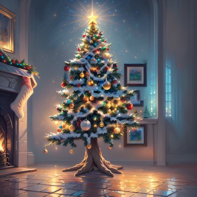 Glowing Christmas Tree Digital Painting Interior QR Code for Greeting Cards