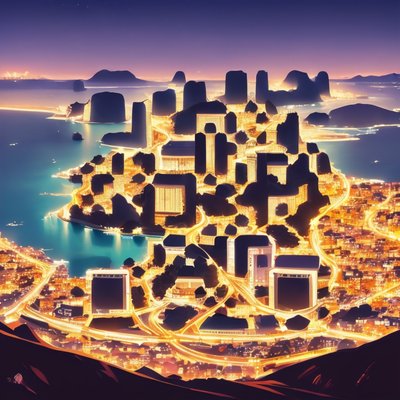 Ночной силуэт прибрежного города: QR-код