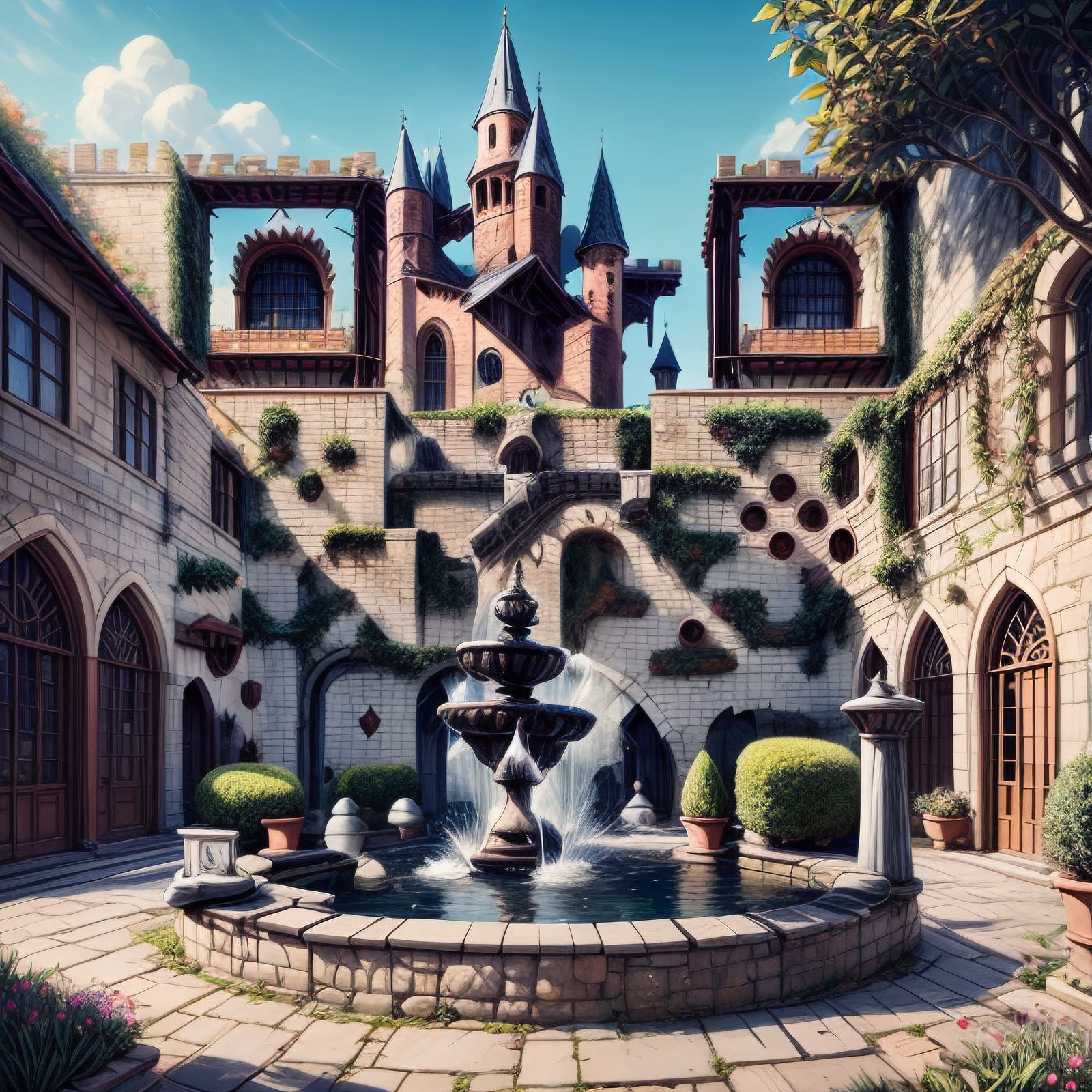 Medieval Castle Courtyard Fountain QR Code Art — image 1