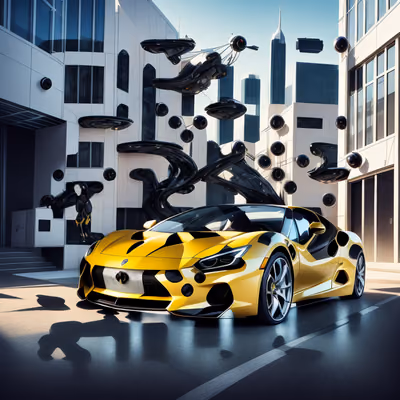 Yellow Sports Car Futuristic City QR Code Art — image 1