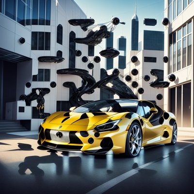Yellow Sports Car Futuristic City QR Code Art