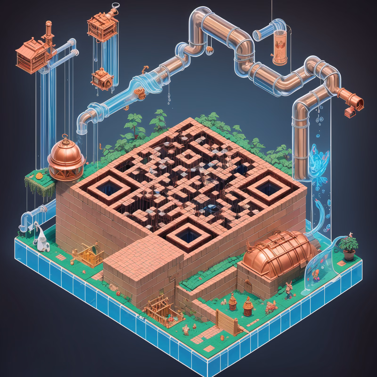 Изометрический диорама-пивоварня из меди, QR-код для постеров — изображение 1