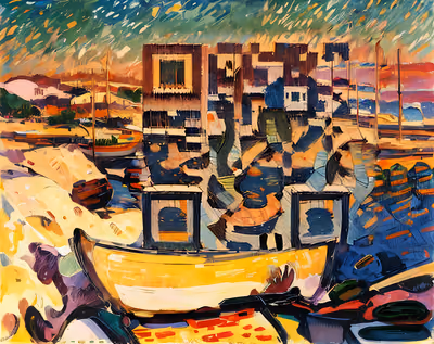 Yellow Seacoast Harbor Fauvist Painting QR Code Art — image 1