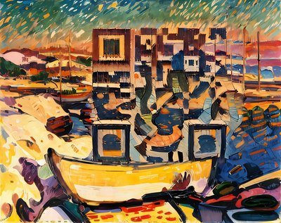 Yellow Seacoast Harbor Fauvist Painting QR Code Art