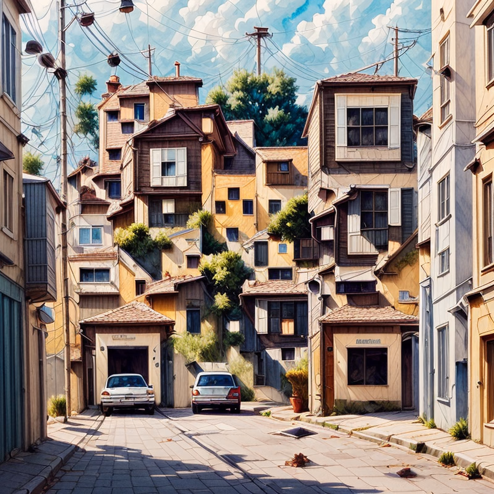 Hillside Street Houses Watercolor QR Code Art — image 1