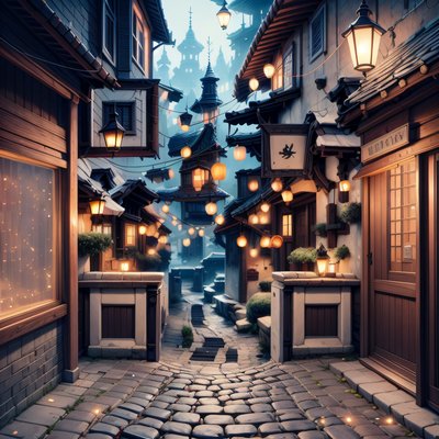 Фэнтезийный переулок с фонарями: QR-код в арт-стиле