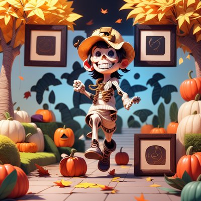 Skeleton Kid Among Pumpkins 3D QR Code for Posters