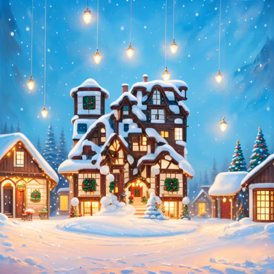 Snowy Christmas Village Digital Painting Lantern QR Code for Greeting Cards — image 1