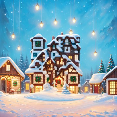 Snowy Christmas Village Digital Painting Lantern QR Code for Greeting Cards