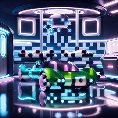 Retrofuturist Hovercar Neon 3D QR Code for Posters — image 1