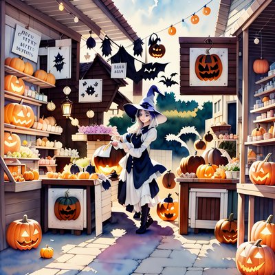 Witch Halloween Market Watercolor QR Code for Posters