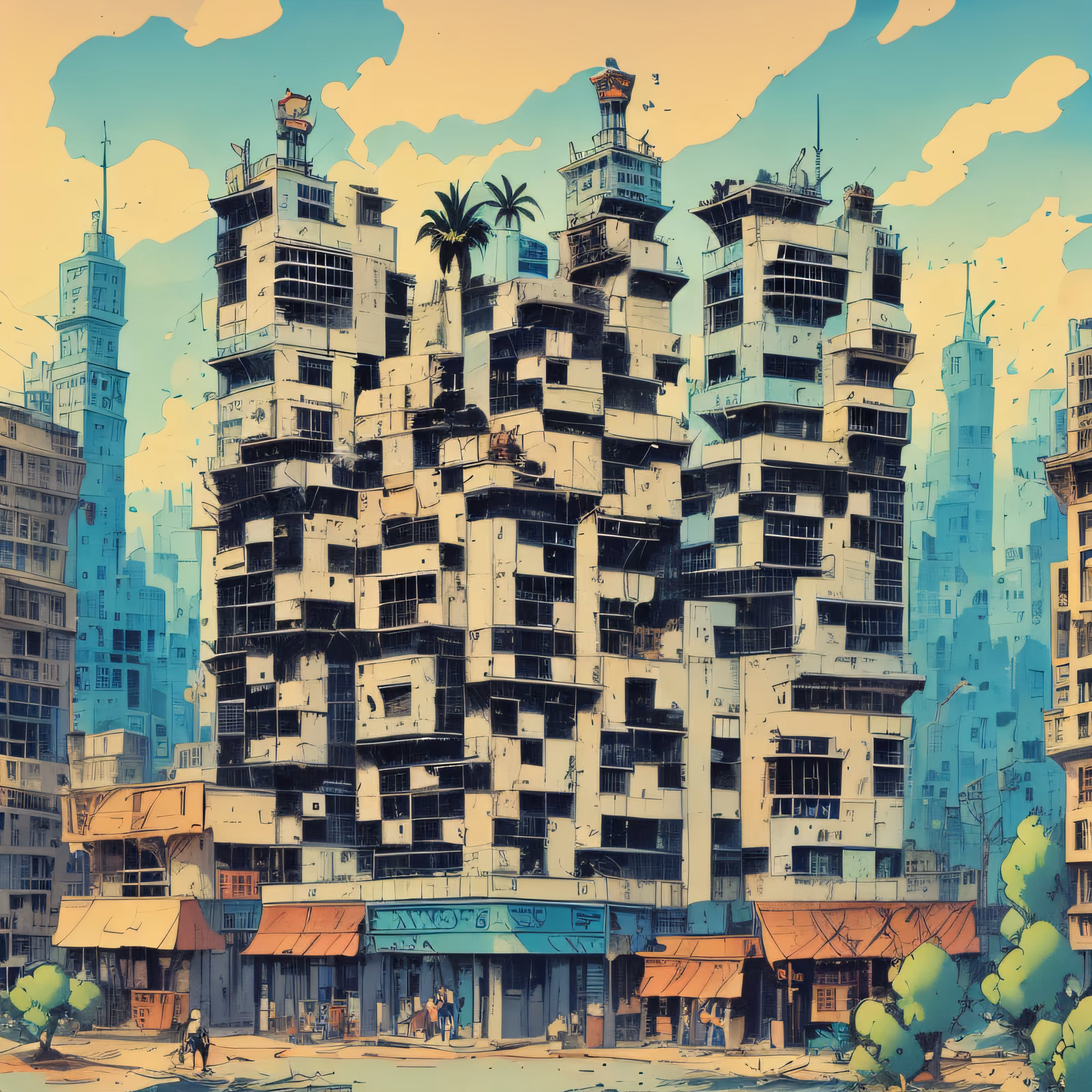 Comic Style Cityscape Towers QR Code for Posters — image 1