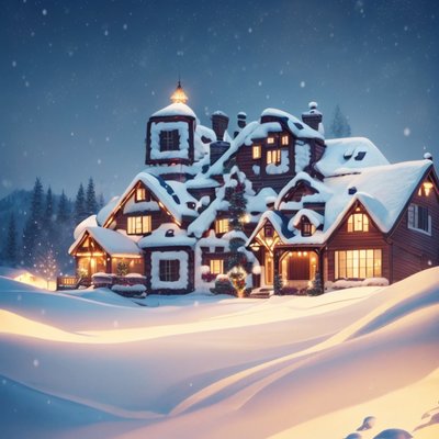 Snowy Christmas Lodge Digital Painting House QR Code for Greeting Cards