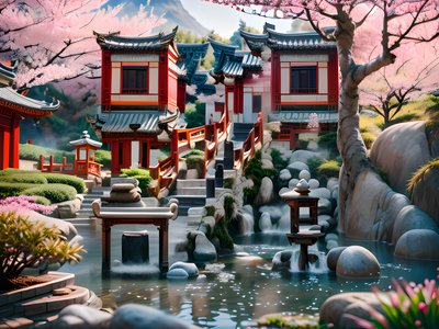 Chinese Cherry Blossom Garden QR Code Art